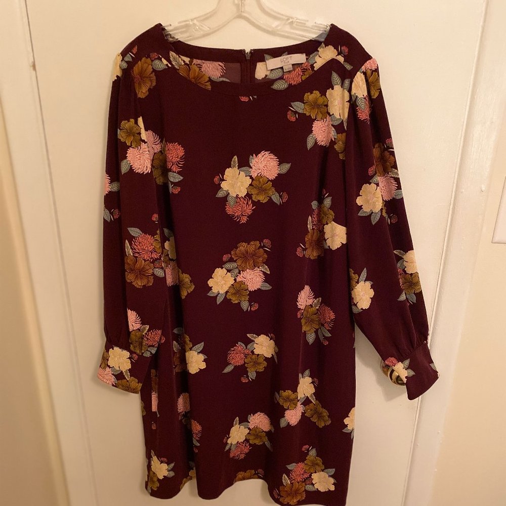 Loft Burgundy Floral Long Sleeved Dress